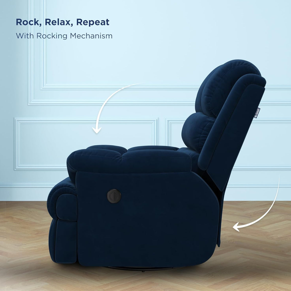 The Sleep Company Luxe Motorised 1-Seater Recliner Sofa with Recline, Rock and Revolve Functions, Powered by Patented SmartGRID® Technology and German-Engineered Mechanism | Superior Seating Comfort | Blue | Free Installation Included