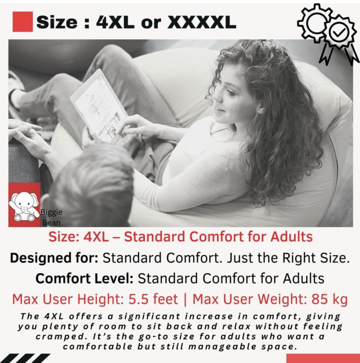 Biggie Bean Bag Chair (4XL) with Pre-Filled Beans, Includes Free Cushion and Footrest | Comfortable Bean Bag Sofa | Official Puffluxe Combo | Matching Colour: Black