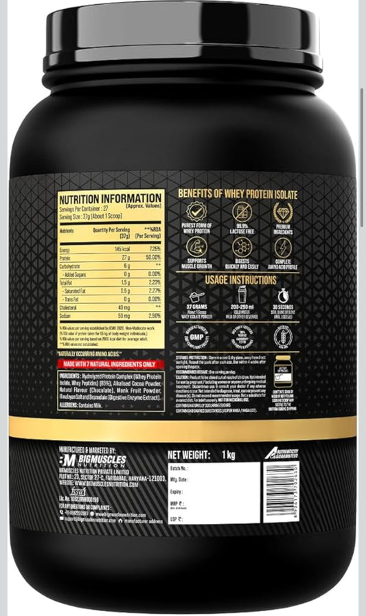 BigMuscles Gold Whey Isolate – Rich Chocolate (1 kg) | 27g Pure Whey Isolate Protein (90%) | 7 Natural Ingredients | Zero Added Sugar | Clean Label Project Purity Award (USA)