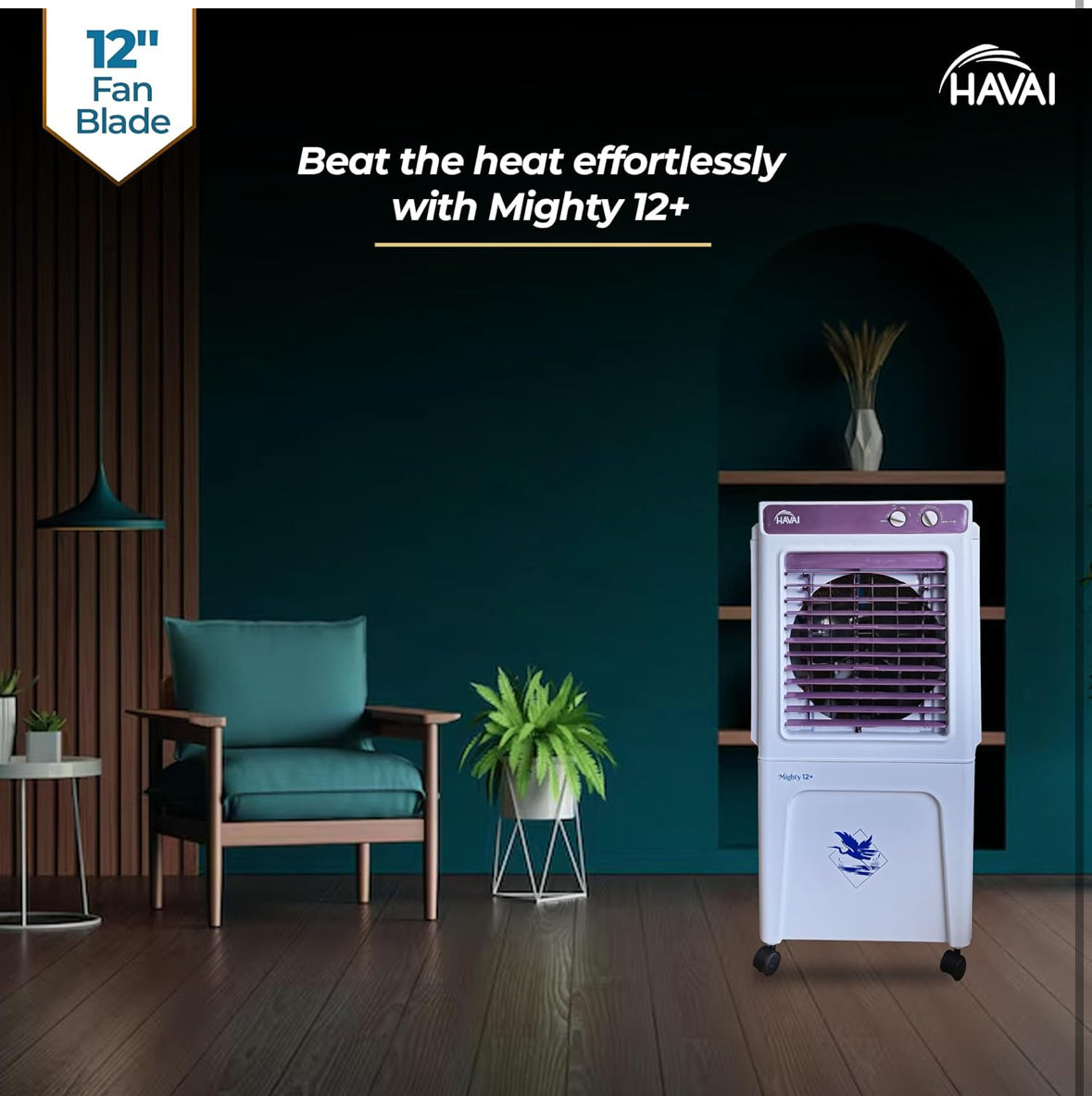 HAVAI Mighty 12+ Personal Air Cooler with 12-Inch Fan, 36-Litre Tank Capacity, 3-Side Honeycomb Pads, Auto Swing and 3 Speed Settings | High-Performance 2400 RPM Motor | Ideal for Rooms up to 200 sq. ft. | Vibrant Colour