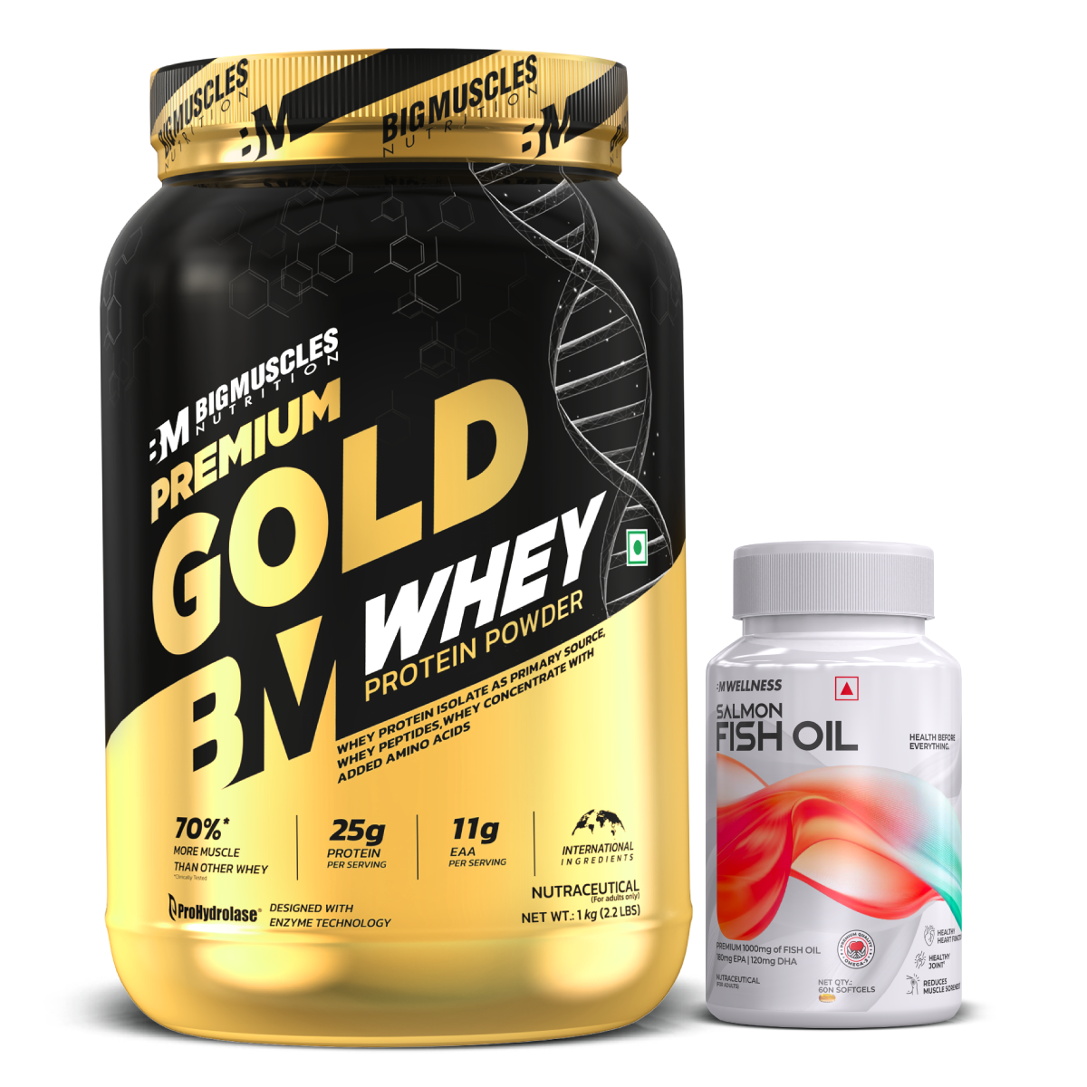 Big Muscles Premium Gold Whey Protein 1kg (Belgian Chocolate) + Salmon Fish Oil (60 Softgel)