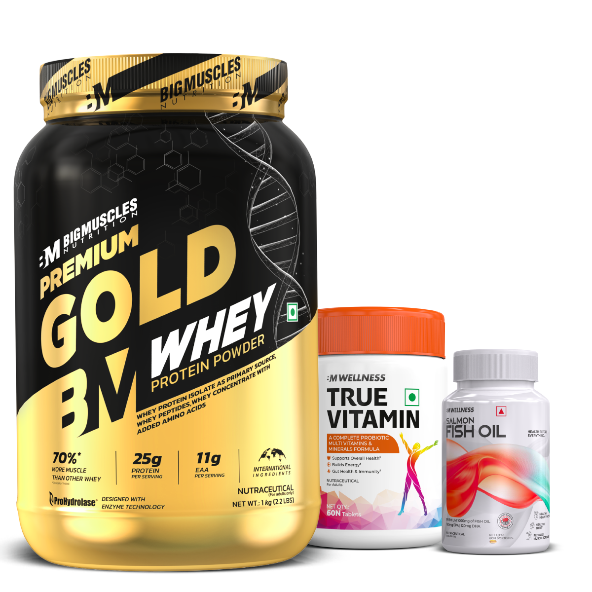 Big Muscles Premium Gold Whey Protein 1Kg (Belgian Chocolate) + Salmon Fish Oil (60 Capsules) + True Vitamin Multivitamin (60 Tablets)