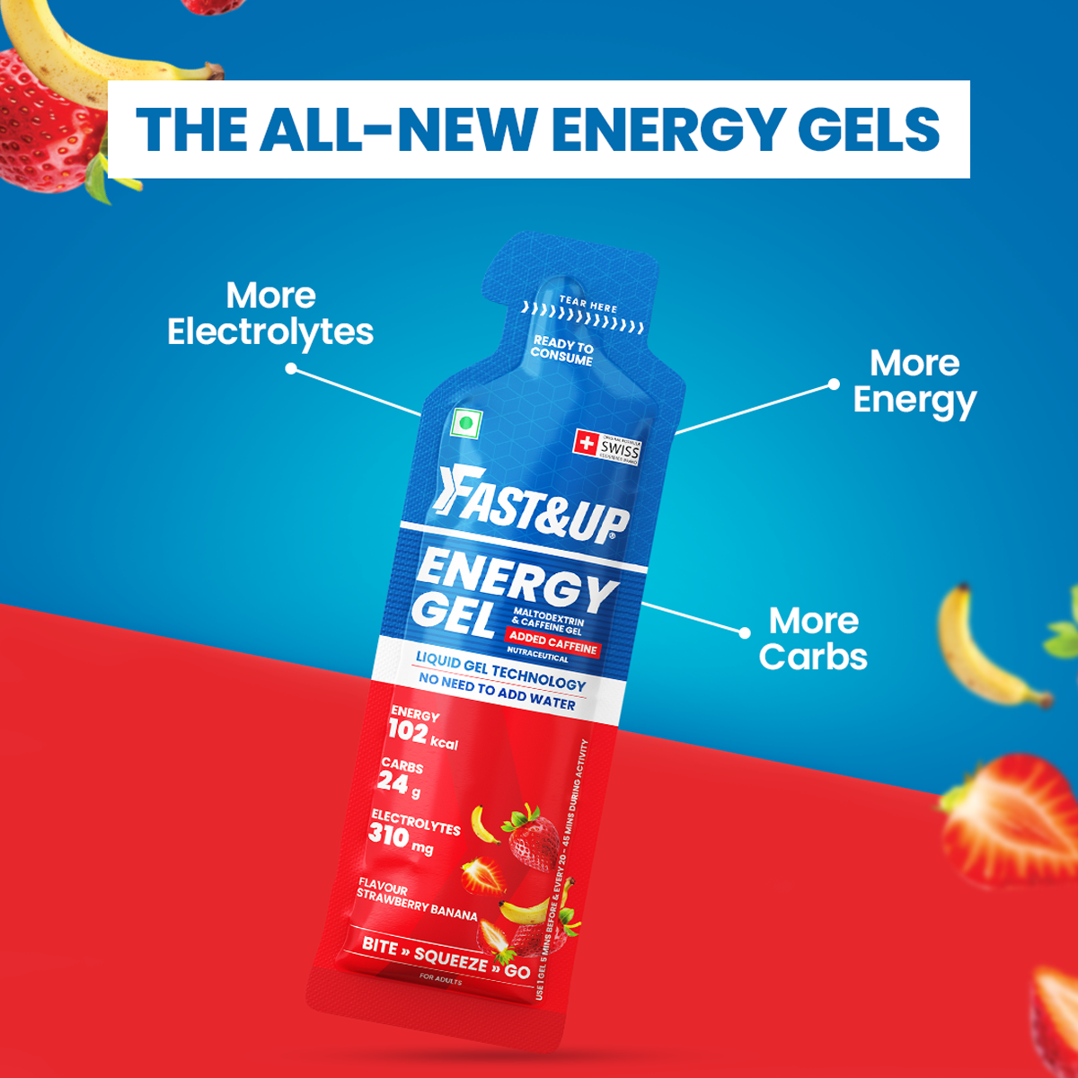 Fast&Up Energy Gel Strawberry Banana Caffeinated 39g Pack of 6 + Energy Gel Mango Passion Caffeinated 39g Pack of 6