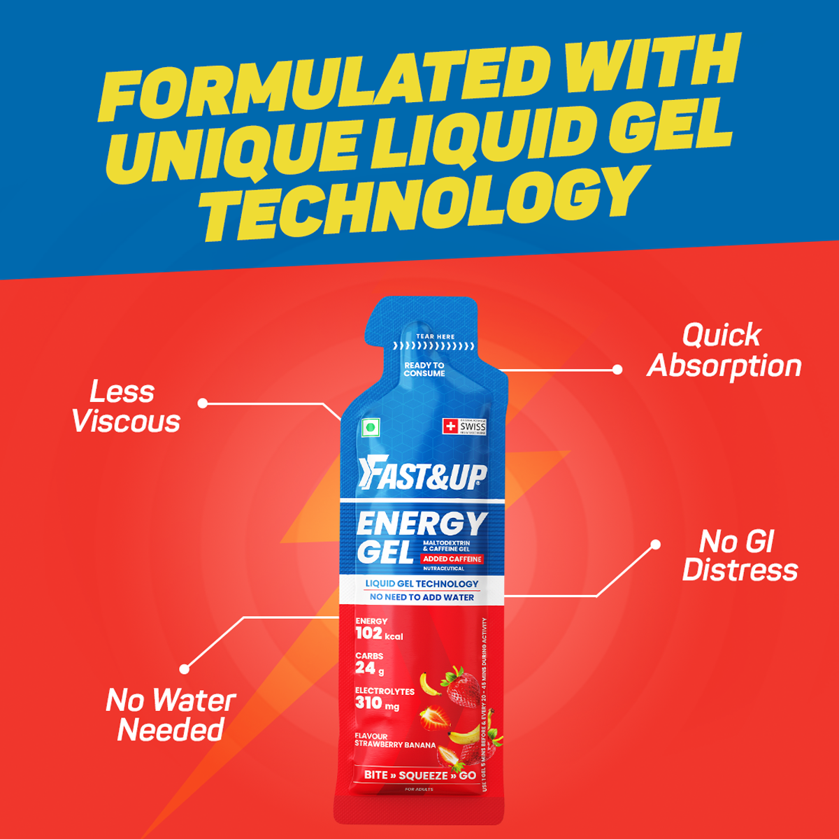 Fast&Up Energy Gel Strawberry Banana Caffeinated 39g Pack of 6 + Energy Gel Mango Passion Caffeinated 39g Pack of 6