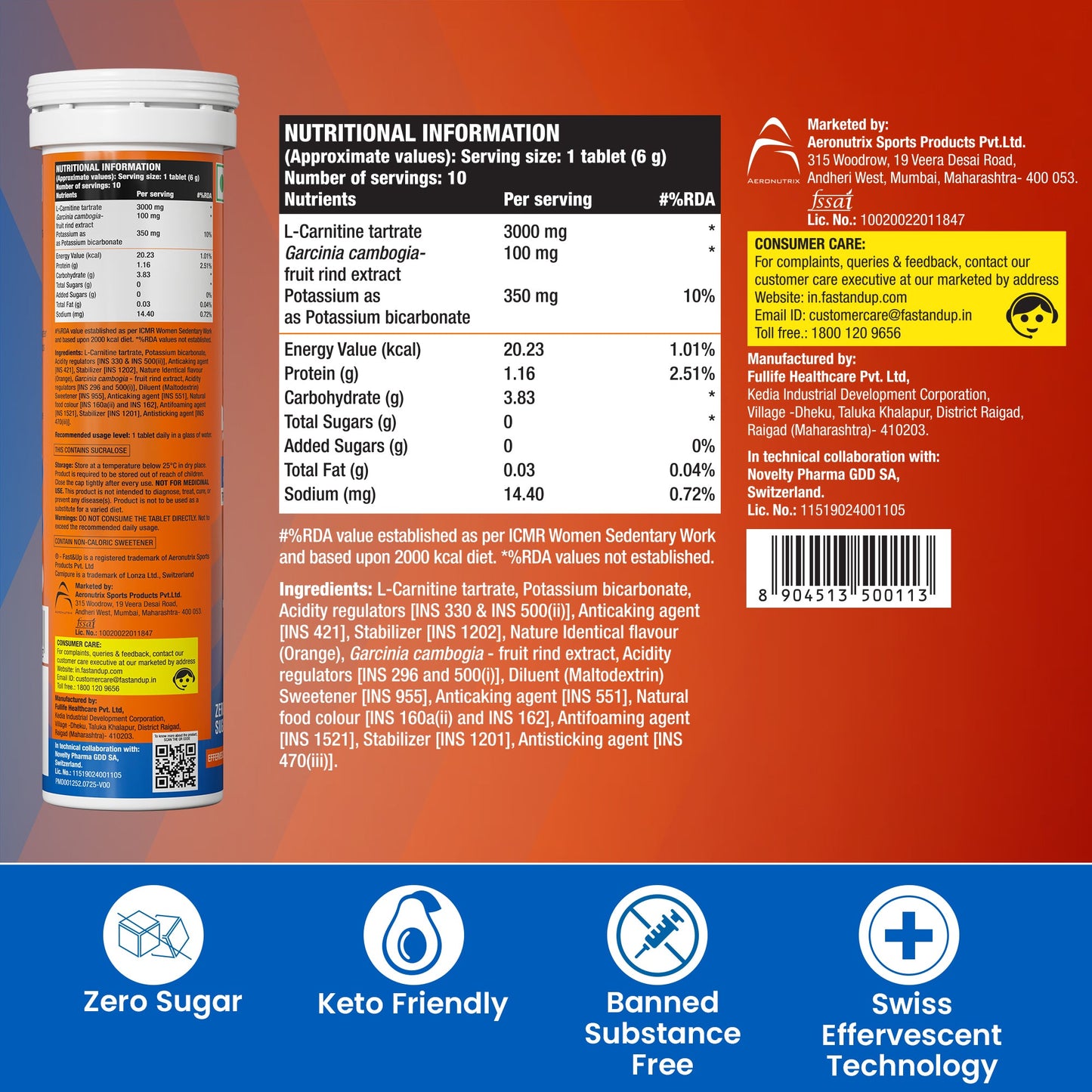 Fast&Up L-Carnitine 3000mg for Weight Loss - Orange