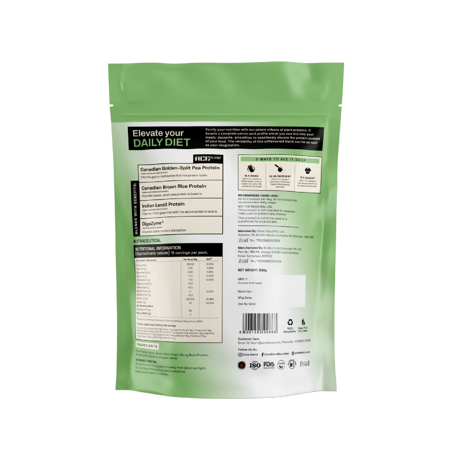 Ace Blend Unflavoured Plant Protein Triple Complex, 26G Protein per Serving, Gut Friendly | 500 g