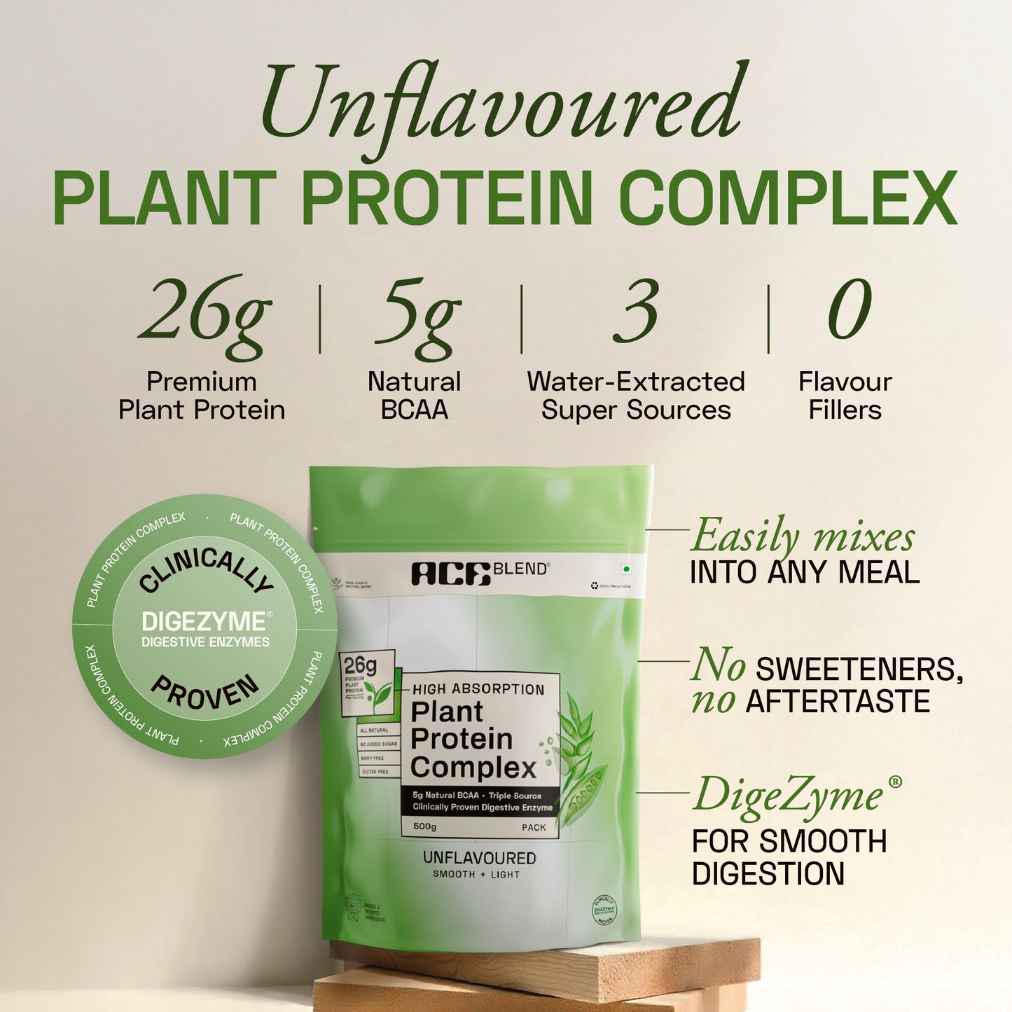 Ace Blend Unflavoured Plant Protein Triple Complex, 26G Protein per Serving, Gut Friendly | 500 g
