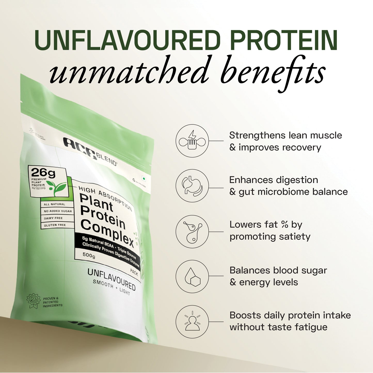 Ace Blend Unflavoured Plant Protein Triple Complex, 26G Protein per Serving, Gut Friendly | 500 g