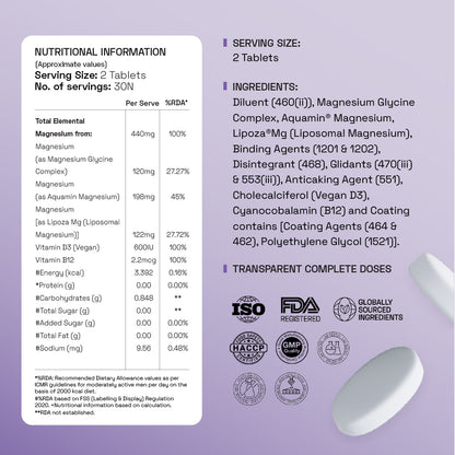 Ace Blend 440mg Elemental Max Magnesium, 1600mg Triple Complex, Calcium, Vitamin B12&D3 (60 tablets)