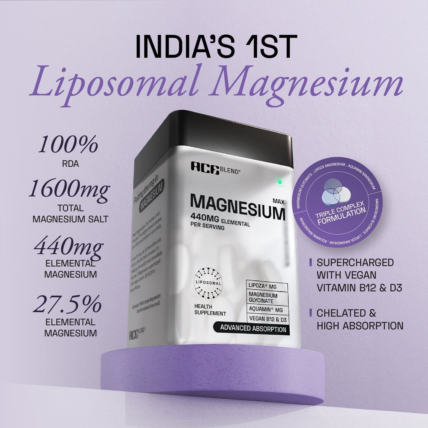 Ace Blend 440mg Elemental Max Magnesium, 1600mg Triple Complex, Calcium, Vitamin B12&D3 (60 tablets)