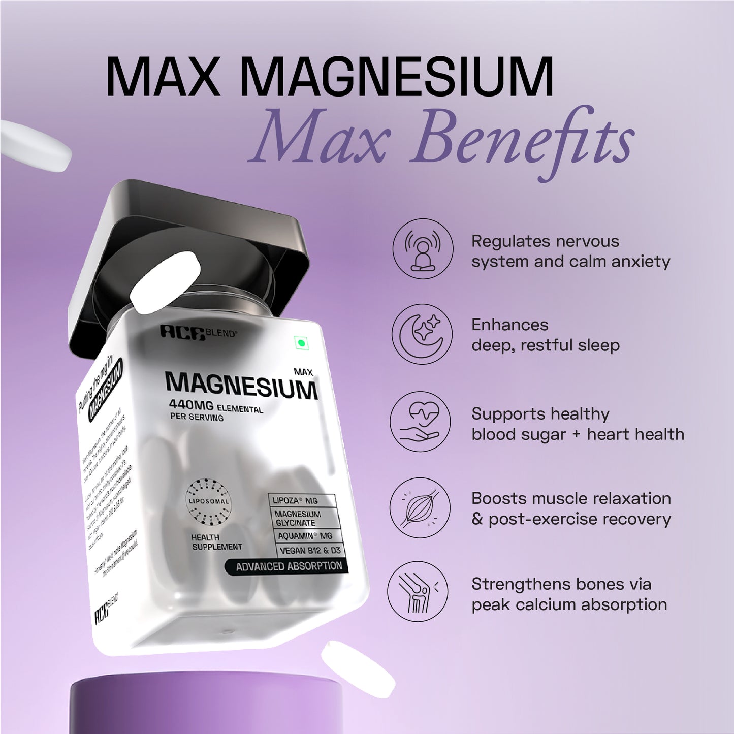 Ace Blend 440mg Elemental Max Magnesium, 1600mg Triple Complex, Calcium, Vitamin B12&D3 (60 tablets)