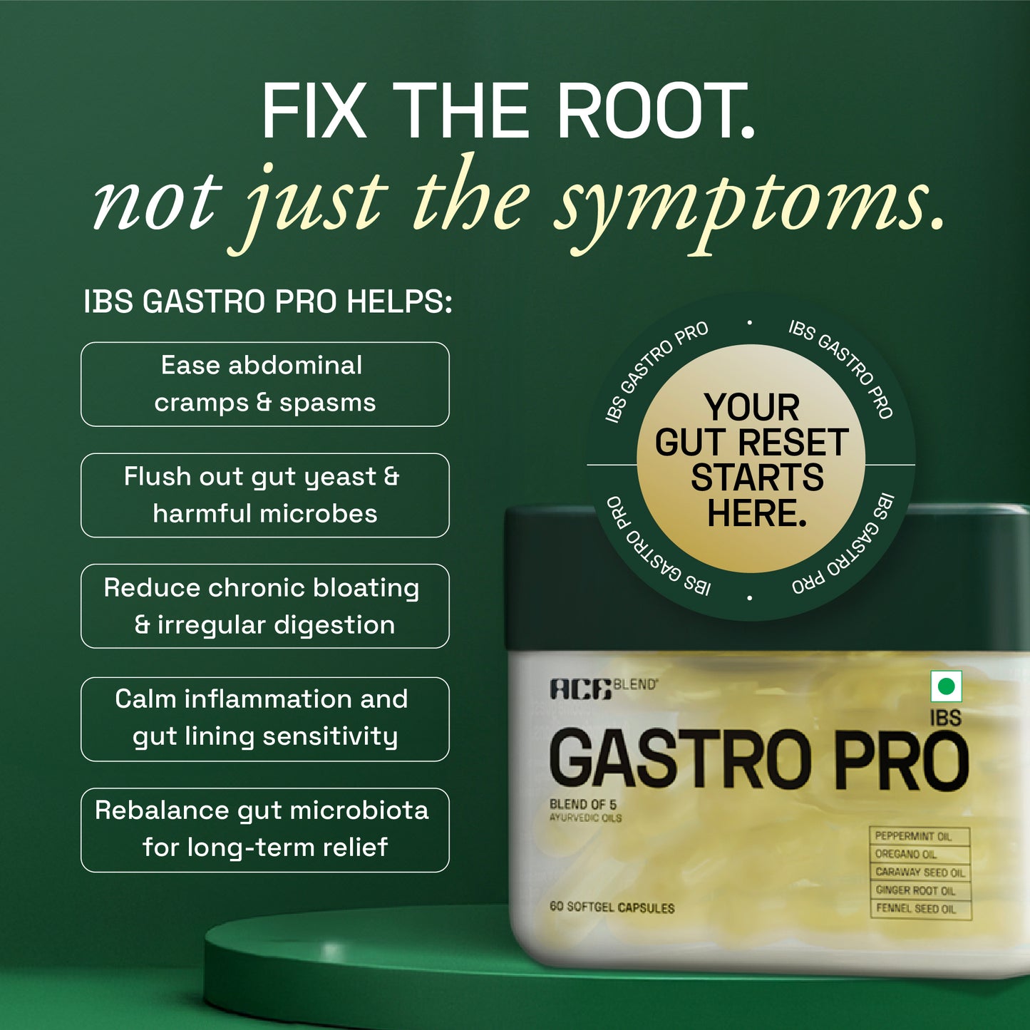 Ace Blend IBS Gastro Pro, With 5 Ayurvedic Gut-Healing Oils, Relieves Bloating & Gas (60 Softgels)