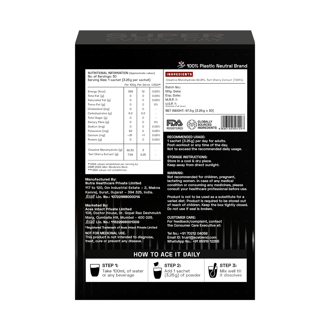 Ace Blend Rise Creatine Monohydrate, Ultra-Fine & Fast Absorbing, Recovery Support (30 Servings)