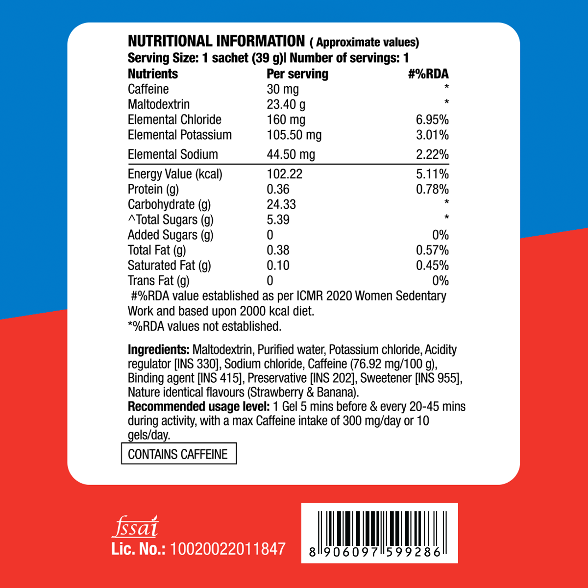 Fast&Up Energy Gel Strawberry Banana Caffeinated 39g Pack of 6 + Energy Gel Mango Passion Caffeinated 39g Pack of 6