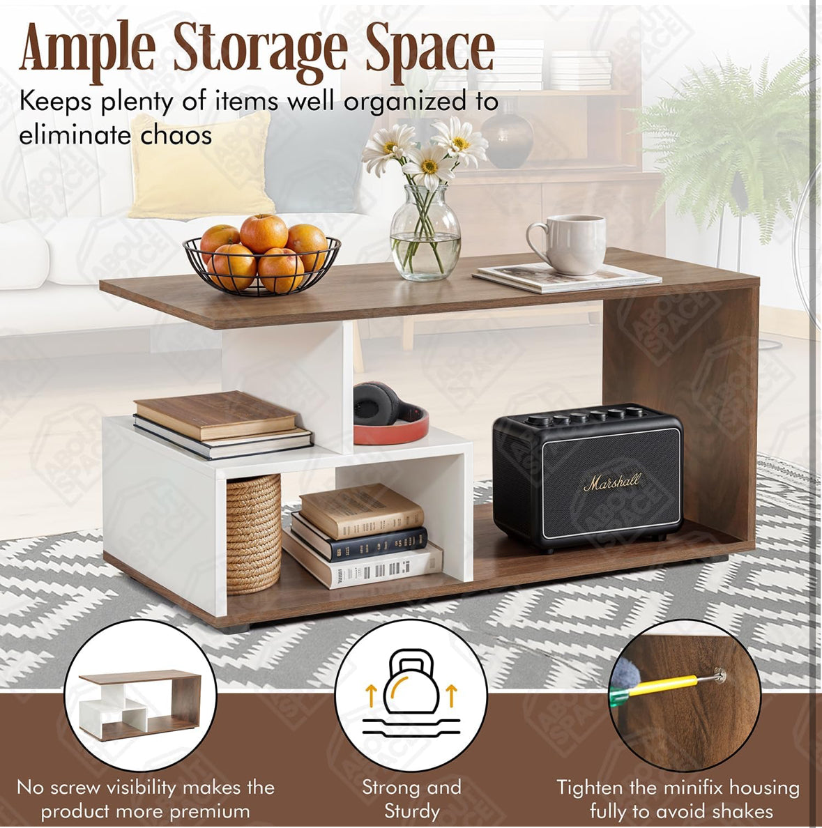 ABOUT SPACE Coffee Table for Living Room | Portable Wooden Centre Table with Storage & Open Shelf | DIY Easy-Assembly Furniture | Sofa Tea Table for Home & Office | White & Walnut (90 × 40 × 45 cm)