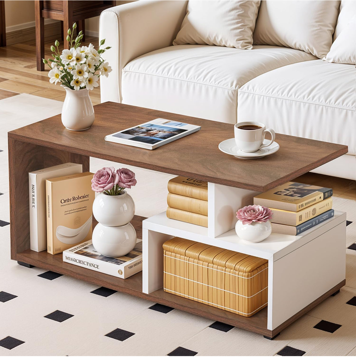 ABOUT SPACE Coffee Table for Living Room | Portable Wooden Centre Table with Storage & Open Shelf | DIY Easy-Assembly Furniture | Sofa Tea Table for Home & Office | White & Walnut (90 × 40 × 45 cm)