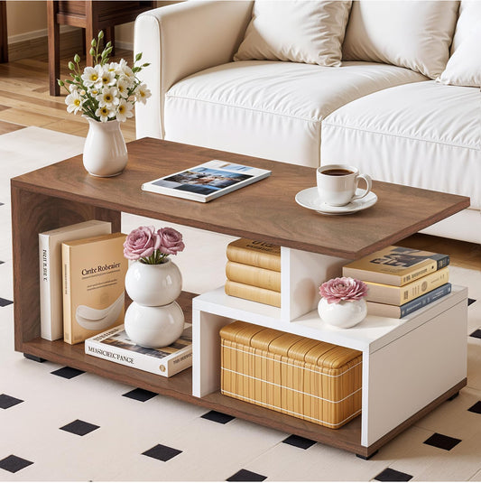 ABOUT SPACE Coffee Table for Living Room | Portable Wooden Centre Table with Storage & Open Shelf | DIY Easy-Assembly Furniture | Sofa Tea Table for Home & Office | White & Walnut (90 × 40 × 45 cm)