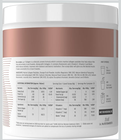 HK Vitals Skin Radiance Marine Collagen Supplement Powder | Collagen Peptides with Vitamins C & E | Supports Skin Glow & Elasticity | Orange Flavour