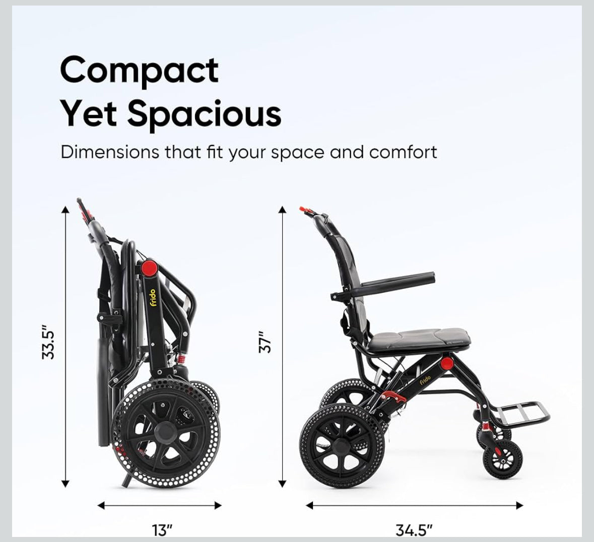 Frido Travel Plus Foldable Wheelchair with Lightweight 10.5 kg Durable Frame, Designed for Easy Portability and Comfort | Ideal for Seniors, Patients and Travel Use | Compact and Easy to Store