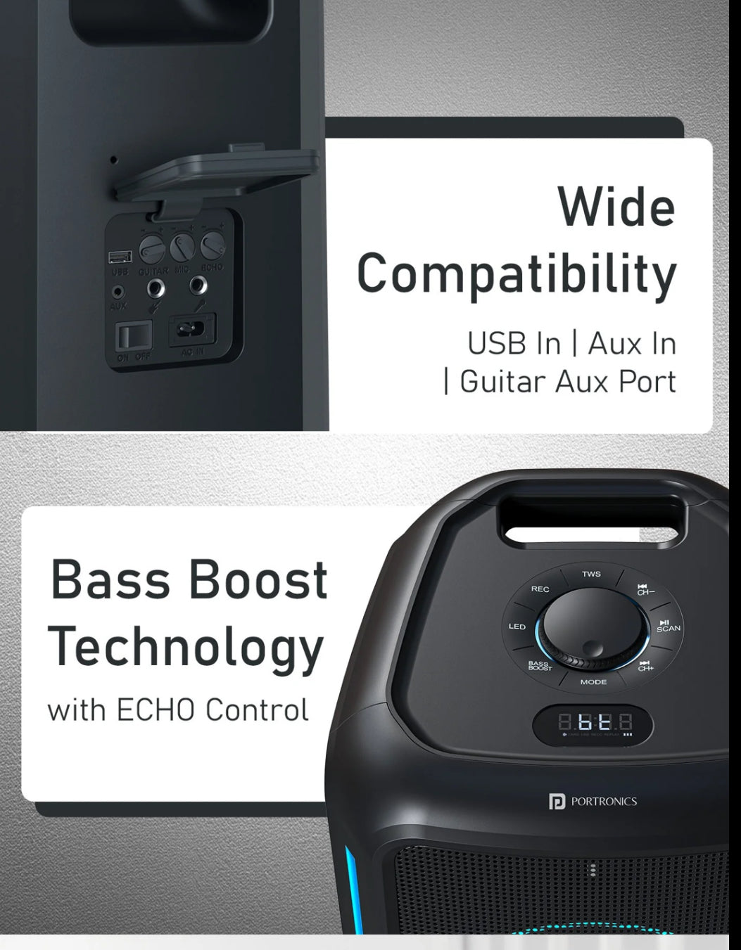 Portonics Iron Beats 5 Prime
Upto 6 Hours Playtime | Wireless Karaoke UHF Mic | Bass Boost Technology | Wheeled Party Speaker