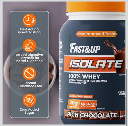 Fast&Up 100% European Whey Protein Isolate | Fast-Acting, Ultra-Low Carbs | 26g High-Quality Protein per Serve | Low Lactose, Gluten-Free | Smooth Digestion | 30 Servings | Rich Chocolate / Creamy Chocolate