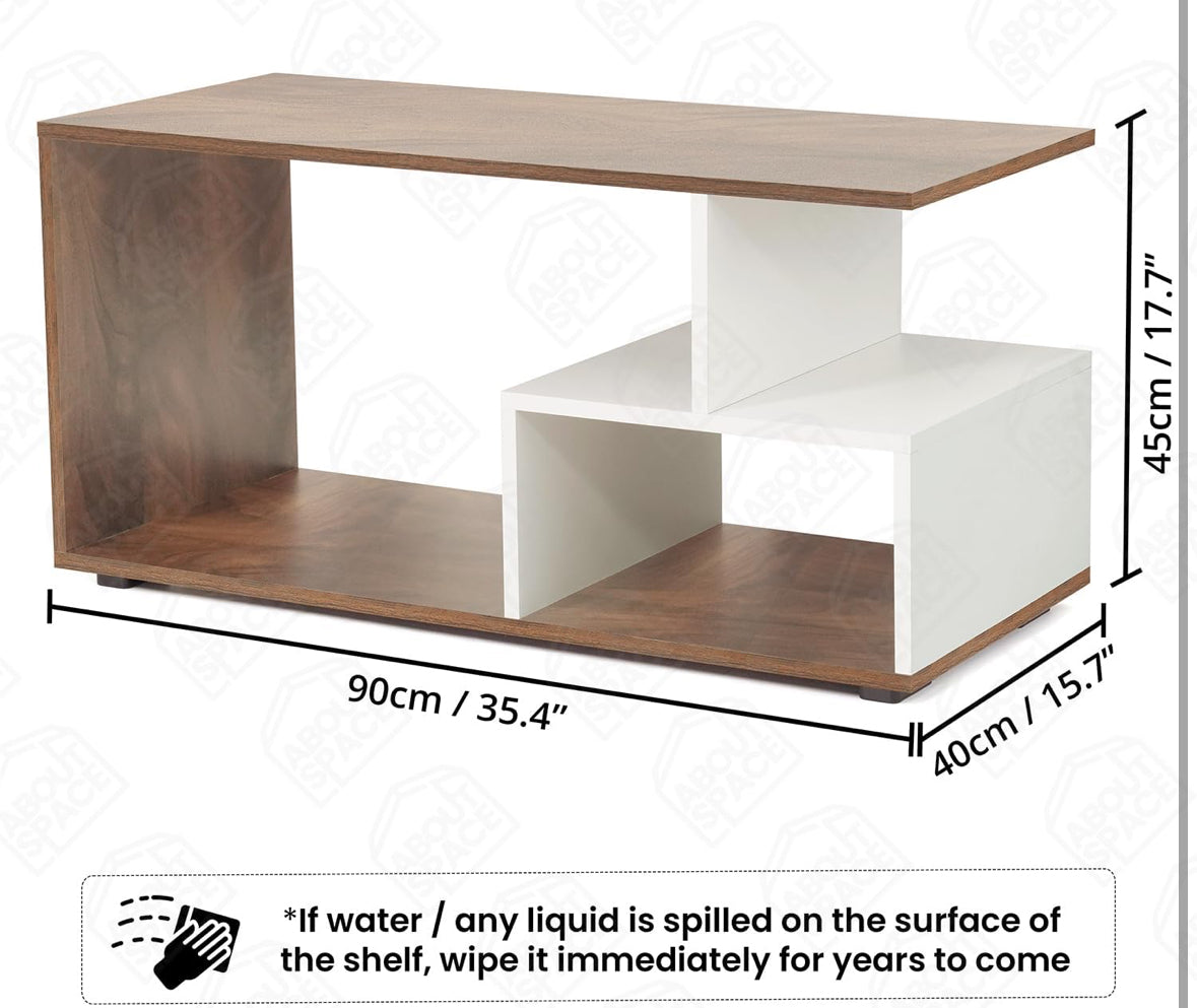 ABOUT SPACE Coffee Table for Living Room | Portable Wooden Centre Table with Storage & Open Shelf | DIY Easy-Assembly Furniture | Sofa Tea Table for Home & Office | White & Walnut (90 × 40 × 45 cm)