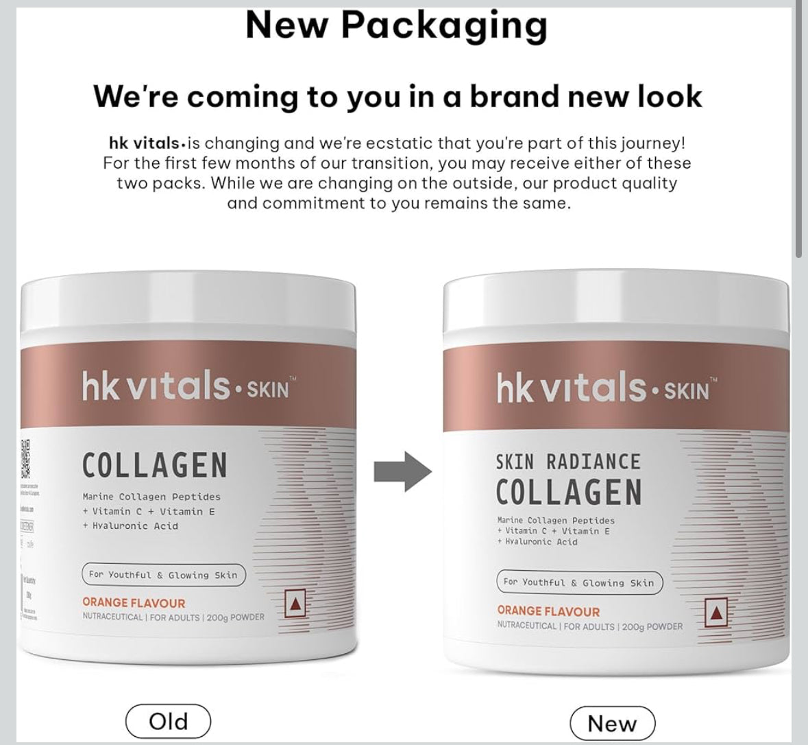 HK Vitals Skin Radiance Marine Collagen Supplement Powder | Collagen Peptides with Vitamins C & E | Supports Skin Glow & Elasticity | Orange Flavour