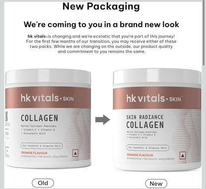 HK Vitals Skin Radiance Marine Collagen Supplement Powder | Collagen Peptides with Vitamins C & E | Supports Skin Glow & Elasticity | Orange Flavour
