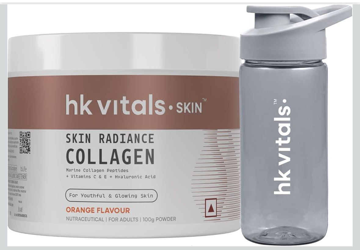 HK Vitals Skin Radiance Marine Collagen Supplement Powder | Collagen Peptides with Vitamins C & E | Supports Skin Glow & Elasticity | Orange Flavour