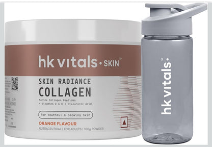 HK Vitals Skin Radiance Marine Collagen Supplement Powder | Collagen Peptides with Vitamins C & E | Supports Skin Glow & Elasticity | Orange Flavour