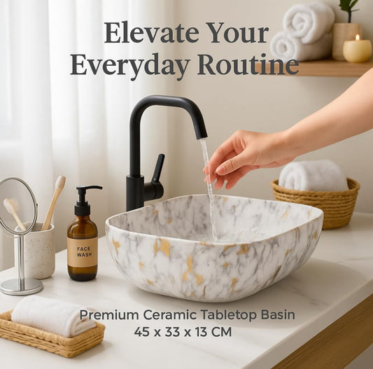 HISRE Table Top Wash Basin | Ceramic Countertop Bathroom Sink | Over-Counter Washbasin for Bathroom & Living Area | White with Grey & Golden Design | 45 × 33 × 13 cm