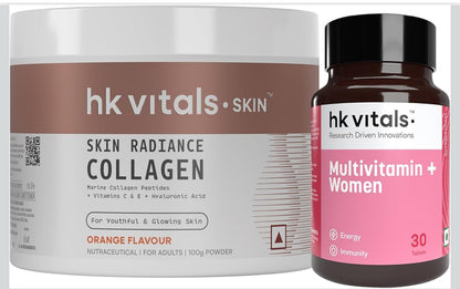 HK Vitals Skin Radiance Marine Collagen Supplement Powder | Collagen Peptides with Vitamins C & E | Supports Skin Glow & Elasticity | Orange Flavour
