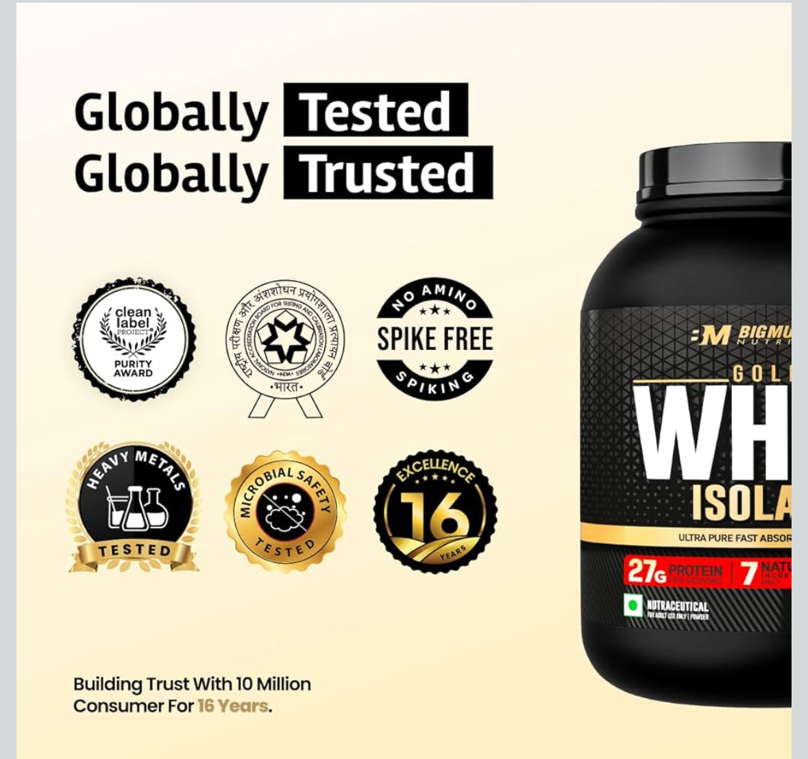 BigMuscles Gold Whey Isolate – Rich Chocolate (1 kg) | 27g Pure Whey Isolate Protein (90%) | 7 Natural Ingredients | Zero Added Sugar | Clean Label Project Purity Award (USA)