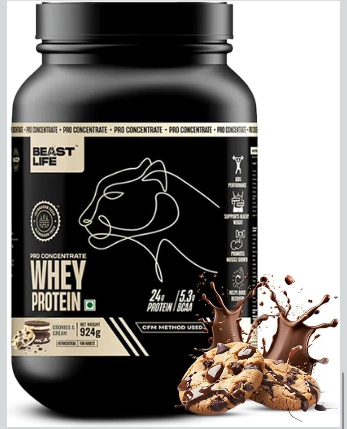 BeastLife Pro 100% Whey Protein Powder – Cookie & Cream (2 lbs) | 24g Protein & 5.3g BCAAs | Fast Absorption | Muscle Growth & Recovery | No Bloating | NABL Lab Certified