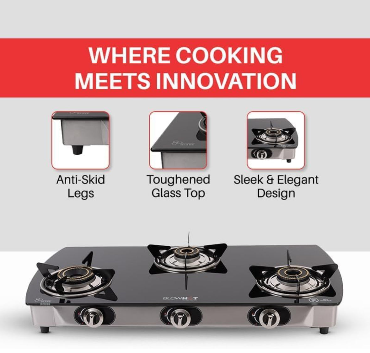 BLOWHOT Jasper 3 Burner Manual Ignition Gas Stove | Heavy Tornado Brass Burners | Toughened Glass Cooktop | ISI certified - Stainless Steel Frame - 2 Years Warranty By Blowhot - (Black)