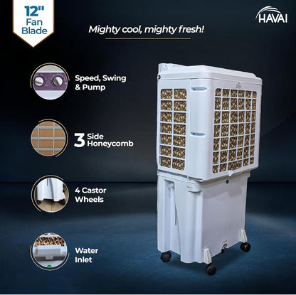 HAVAI Mighty 12+ Personal Air Cooler with 12-Inch Fan, 36-Litre Tank Capacity, 3-Side Honeycomb Pads, Auto Swing and 3 Speed Settings | High-Performance 2400 RPM Motor | Ideal for Rooms up to 200 sq. ft. | Vibrant Colour