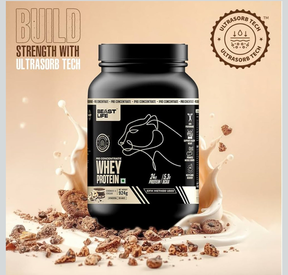 BeastLife Pro 100% Whey Protein Powder – Cookie & Cream (2 lbs) | 24g Protein & 5.3g BCAAs | Fast Absorption | Muscle Growth & Recovery | No Bloating | NABL Lab Certified