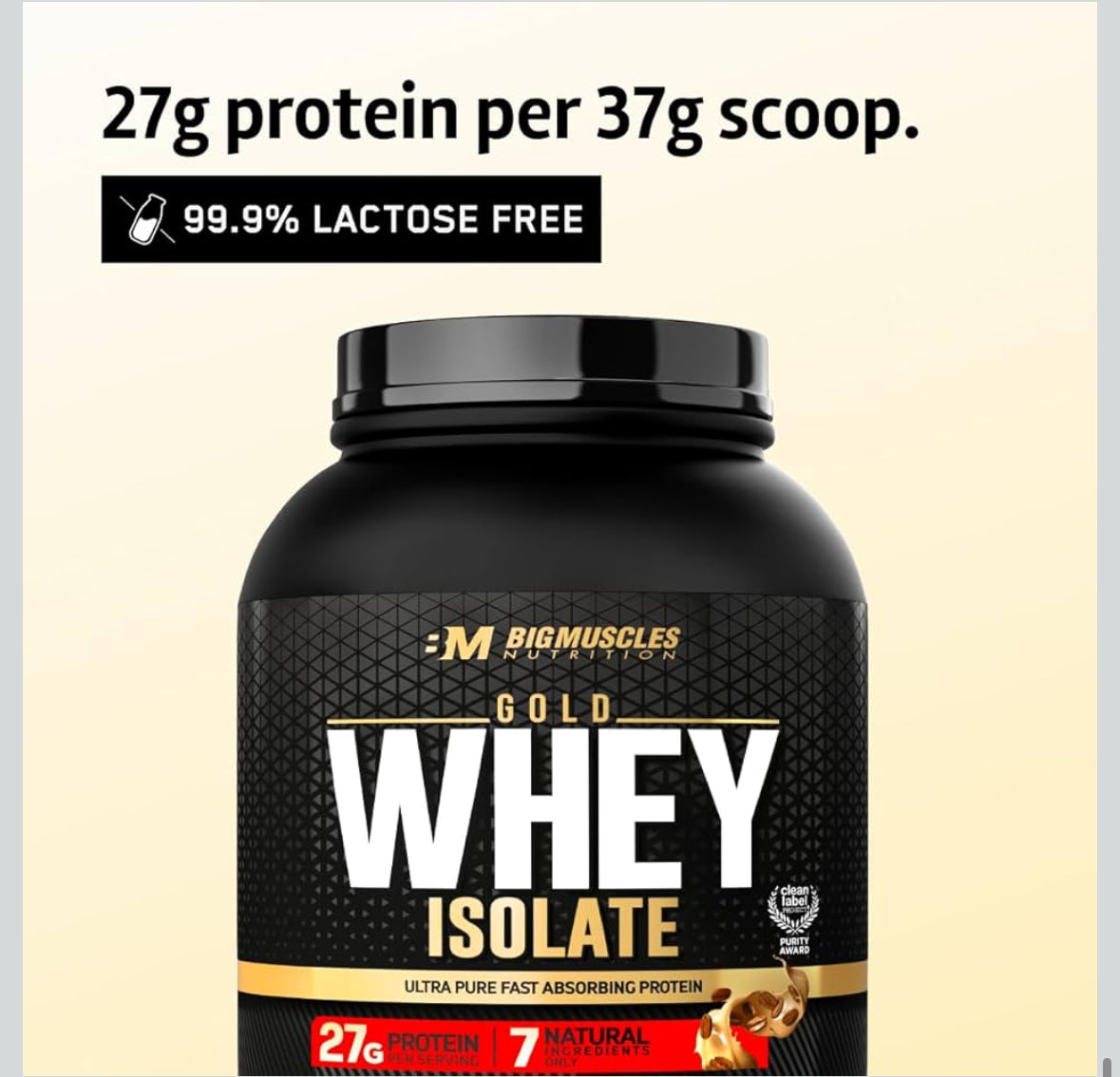 BigMuscles Gold Whey Isolate – Rich Chocolate (1 kg) | 27g Pure Whey Isolate Protein (90%) | 7 Natural Ingredients | Zero Added Sugar | Clean Label Project Purity Award (USA)