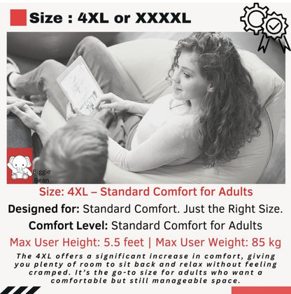 Biggie Bean Bag Chair (4XL) with Pre-Filled Beans, Includes Free Cushion and Footrest | Comfortable Bean Bag Sofa | Official Puffluxe Combo | Matching Colour: Black