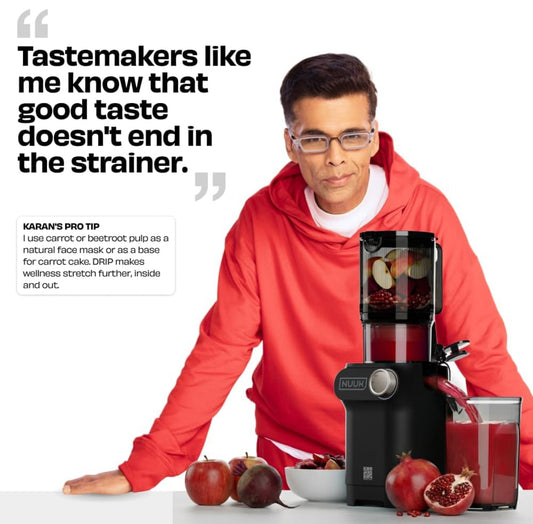 NUUK DRIP Cold Press Juicer for Home | Retains Maximum Nutrition | Effortless Juicing of Hard Fruits & Vegetables | 108 mm Wide Feed Chute for No-Chop Use | Easy to Assemble & Clean | Tritan Jars for Enhanced Safety | 6-Year Warranty