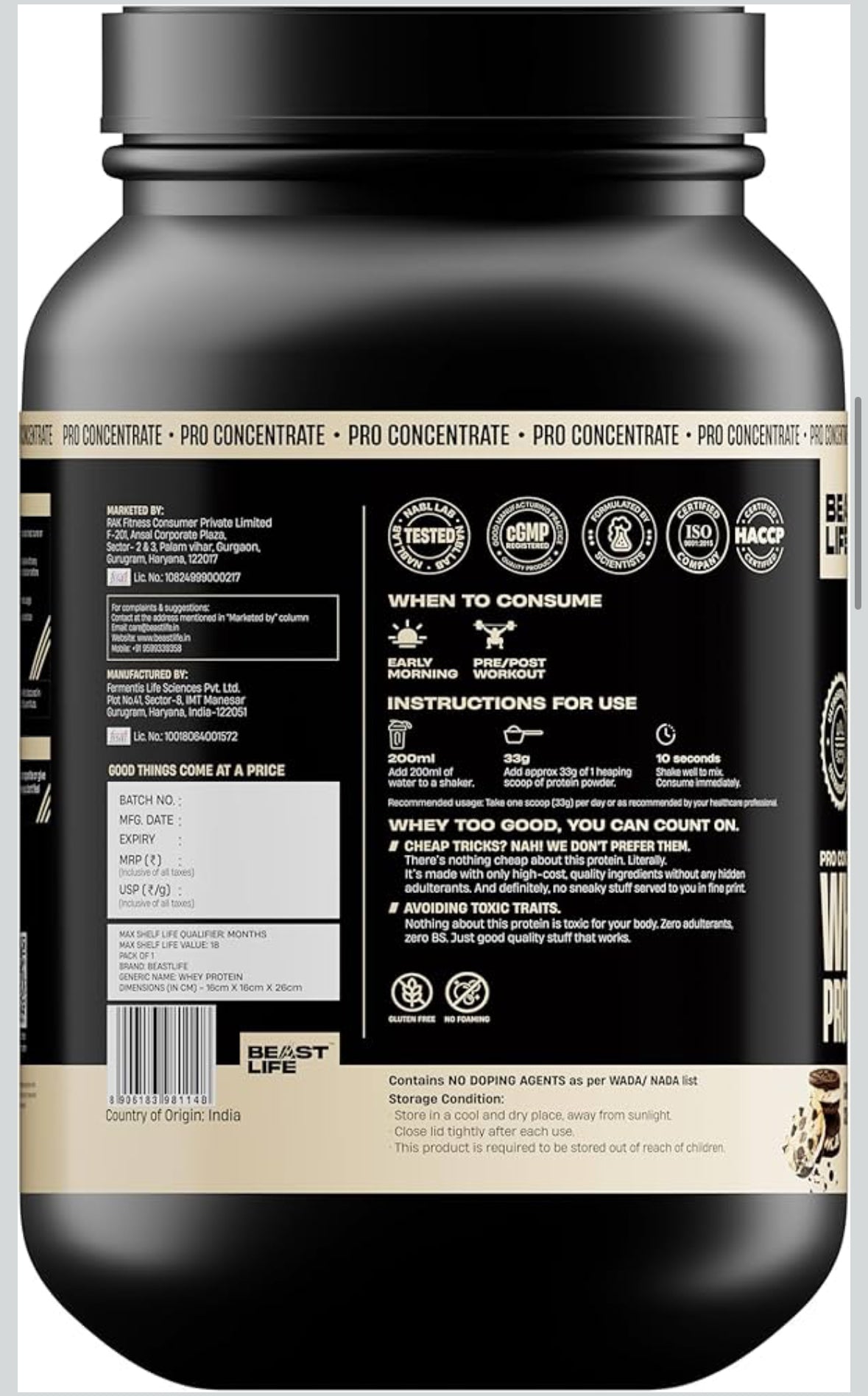 BeastLife Pro 100% Whey Protein Powder – Cookie & Cream (2 lbs) | 24g Protein & 5.3g BCAAs | Fast Absorption | Muscle Growth & Recovery | No Bloating | NABL Lab Certified