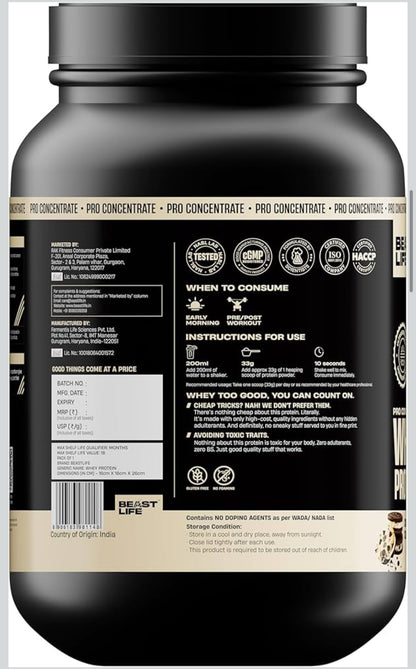 BeastLife Pro 100% Whey Protein Powder – Cookie & Cream (2 lbs) | 24g Protein & 5.3g BCAAs | Fast Absorption | Muscle Growth & Recovery | No Bloating | NABL Lab Certified