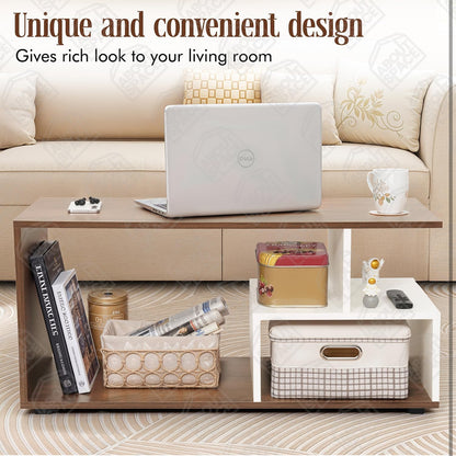 ABOUT SPACE Coffee Table for Living Room | Portable Wooden Centre Table with Storage & Open Shelf | DIY Easy-Assembly Furniture | Sofa Tea Table for Home & Office | White & Walnut (90 × 40 × 45 cm)