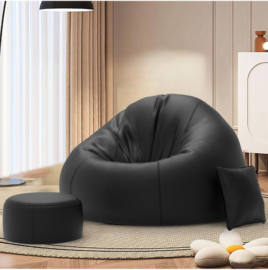 Biggie Bean Bag Chair (4XL) with Pre-Filled Beans, Includes Free Cushion and Footrest | Comfortable Bean Bag Sofa | Official Puffluxe Combo | Matching Colour: Black