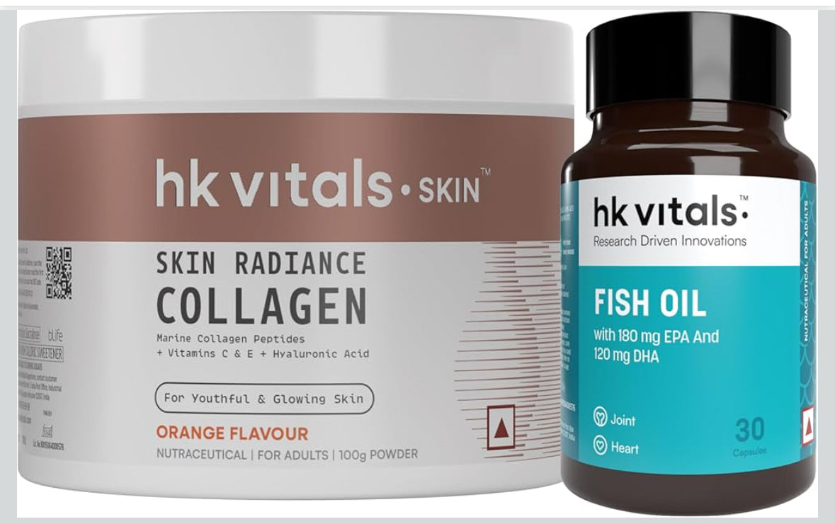 HK Vitals Skin Radiance Marine Collagen Supplement Powder | Collagen Peptides with Vitamins C & E | Supports Skin Glow & Elasticity | Orange Flavour