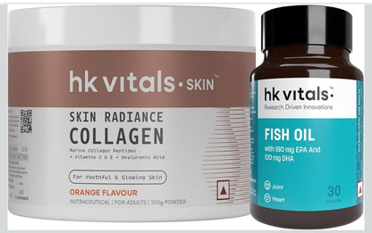 HK Vitals Skin Radiance Marine Collagen Supplement Powder | Collagen Peptides with Vitamins C & E | Supports Skin Glow & Elasticity | Orange Flavour