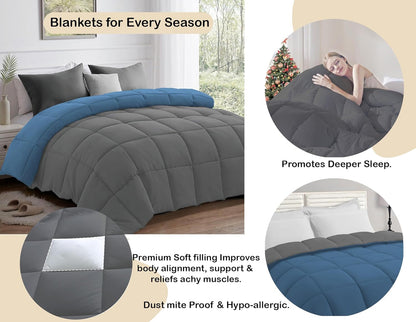 AYKA Reversible 220 GSM Microfiber Comforter for AC & Winter Use, Soft and Lightweight Blanket / Quilt / Dohar / Duvet | Ideal for King Size Double Bed (90 × 100 inches) | Grey & Med Blue
