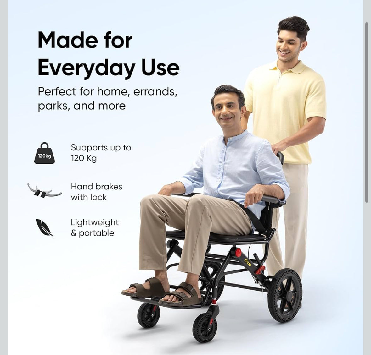 Frido Travel Plus Foldable Wheelchair with Lightweight 10.5 kg Durable Frame, Designed for Easy Portability and Comfort | Ideal for Seniors, Patients and Travel Use | Compact and Easy to Store