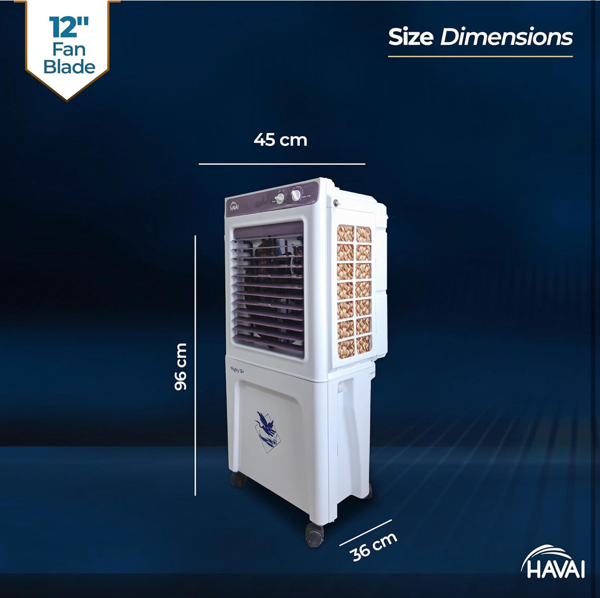 HAVAI Mighty 12+ Personal Air Cooler with 12-Inch Fan, 36-Litre Tank Capacity, 3-Side Honeycomb Pads, Auto Swing and 3 Speed Settings | High-Performance 2400 RPM Motor | Ideal for Rooms up to 200 sq. ft. | Vibrant Colour