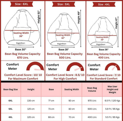 Biggie Bean Bag Chair (4XL) with Pre-Filled Beans, Includes Free Cushion and Footrest | Comfortable Bean Bag Sofa | Official Puffluxe Combo | Matching Colour: Black